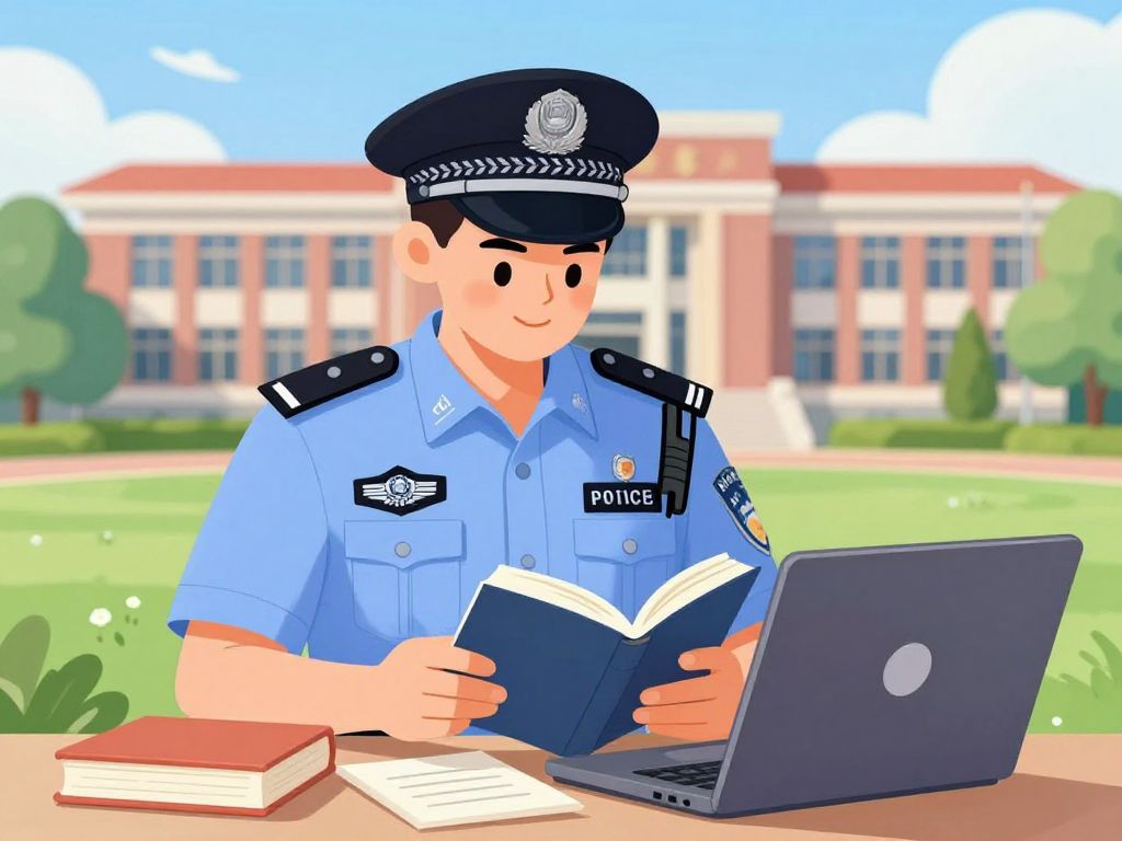 A police officer engaged in studying at a university, symbolizing free college credits.
