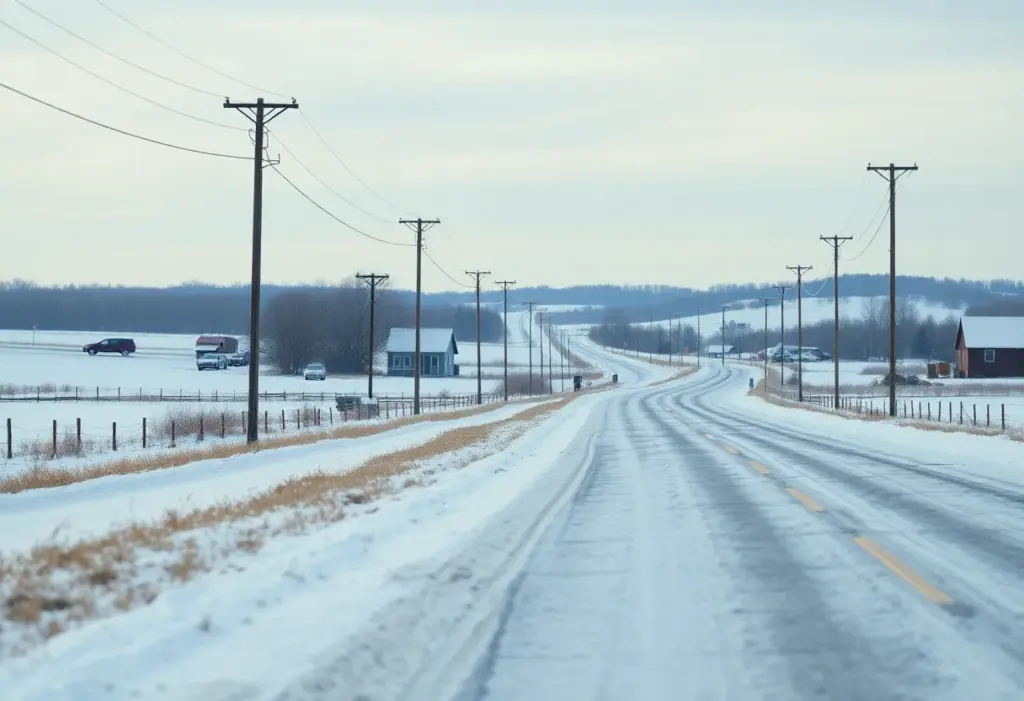 Winter landscape of Leacock Township, Pennsylvania with rural roads and utility poles.