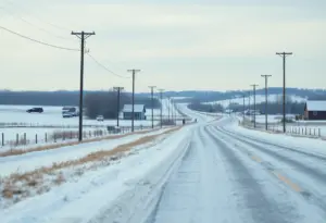 Winter landscape of Leacock Township, Pennsylvania with rural roads and utility poles.