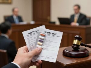 Courtroom scene representing legal action against drug companies.