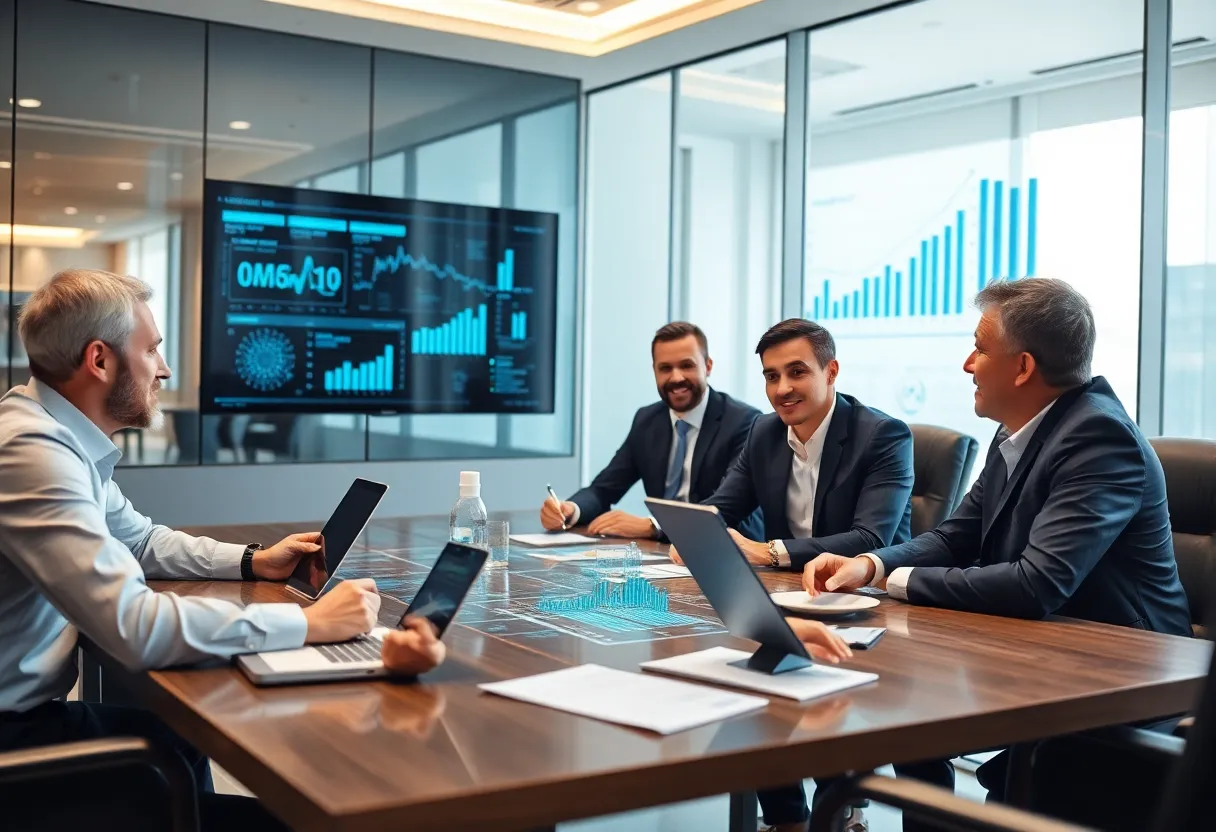 Business meeting discussing AI and data analytics at Lincoln Financial