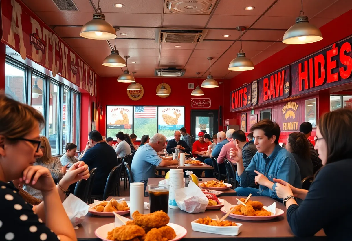 Interior of Love & Honey Fried Chicken restaurant in Bryn Mawr with happy customers
