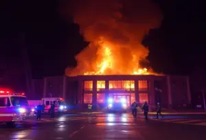 Firefighters combating a large fire at The Moon of Saucon Valley banquet hall.