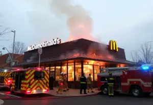 Firefighters responding to a fire at a McDonald's in Philadelphia, Mississippi.