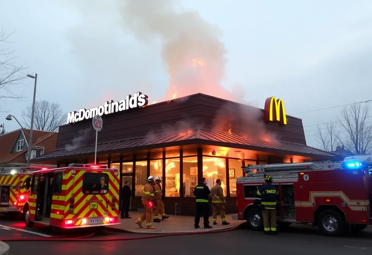 Firefighters responding to a fire at a McDonald's in Philadelphia, Mississippi.
