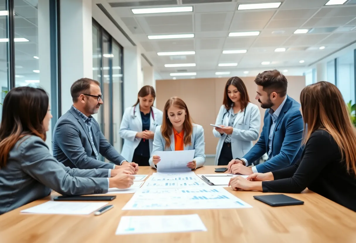 Team discussing healthcare strategies in a corporate office