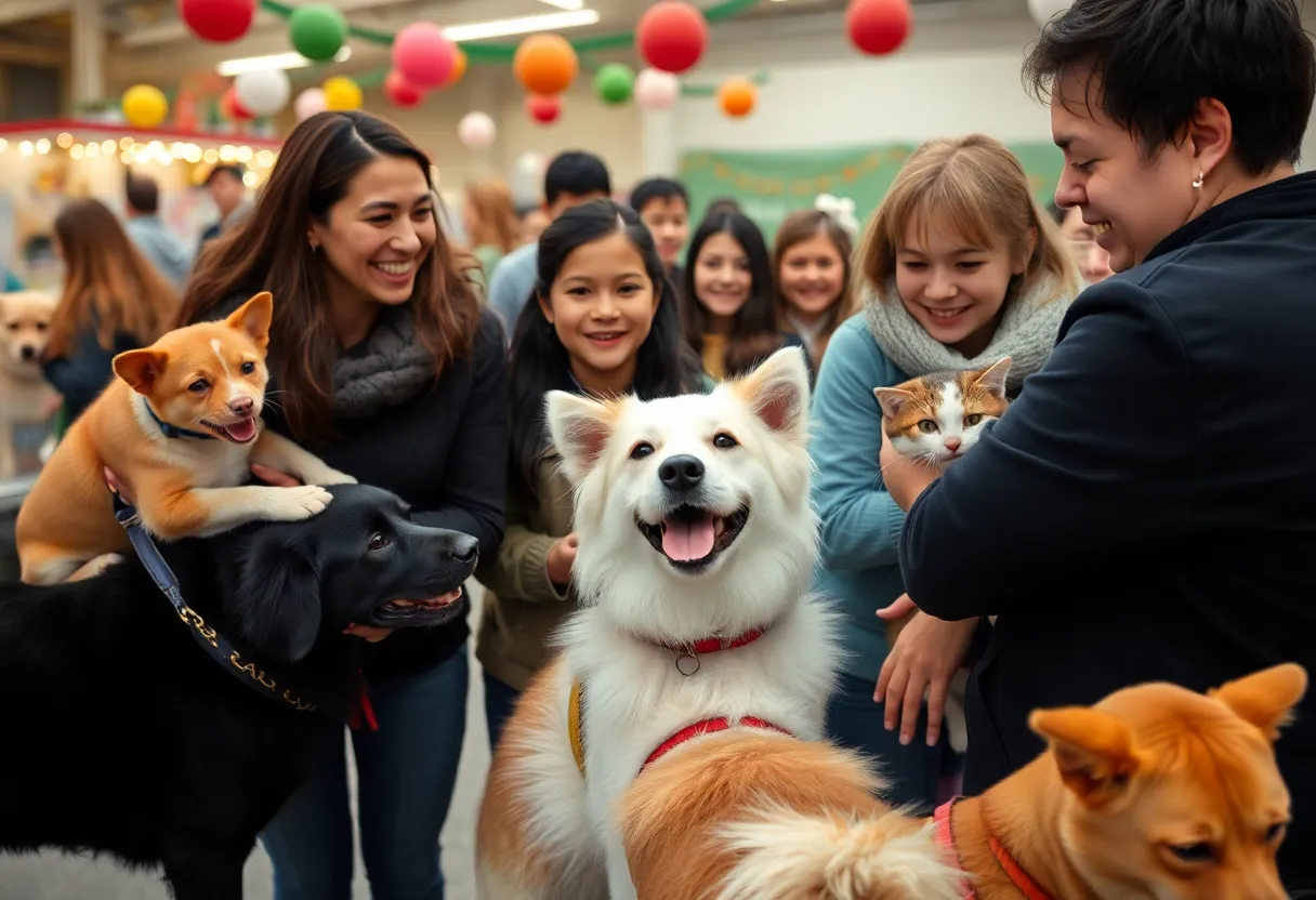 Families engaging in the Mega Pet Adoption Event, surrounded by dogs and cats up for adoption.