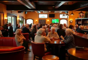 Seniors socializing at the Midlife Mixer event in a cozy bar environment.