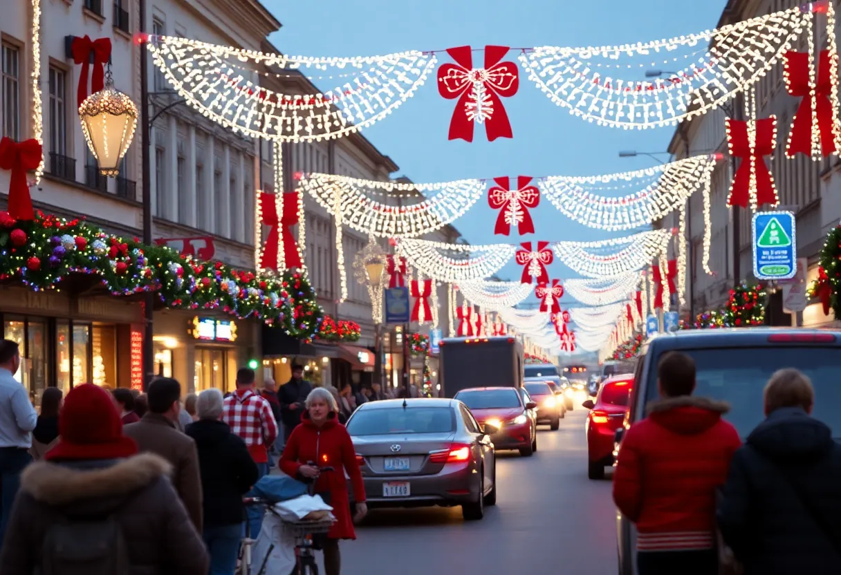 Holiday lights and decorations on South 13th Street with traffic congestion