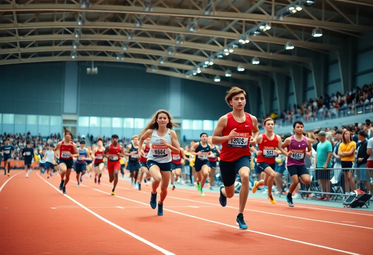 Athletes competing in track and field at the Penn Opener