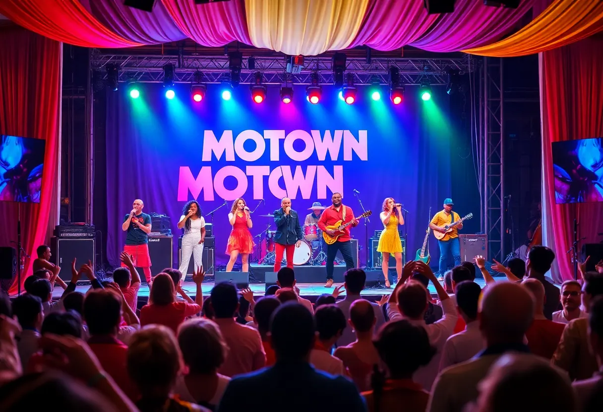Live performance at a Motown tribute concert with musicians and audience engagement.