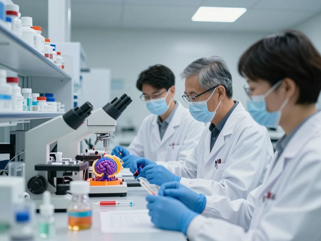 Research team studying brain tumors in a lab