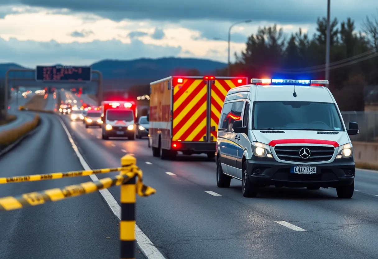 Scene of a tragic accident on the New Jersey Turnpike with emergency response vehicles.