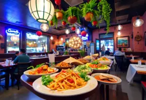 Interior view of a Mediterranean restaurant with colorful dishes