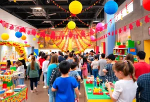 Families celebrating Noon Year's Eve at LEGOLAND Discovery Center with LEGO decorations