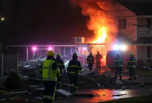 Emergency responders at the site of a gas explosion at a nursing home.
