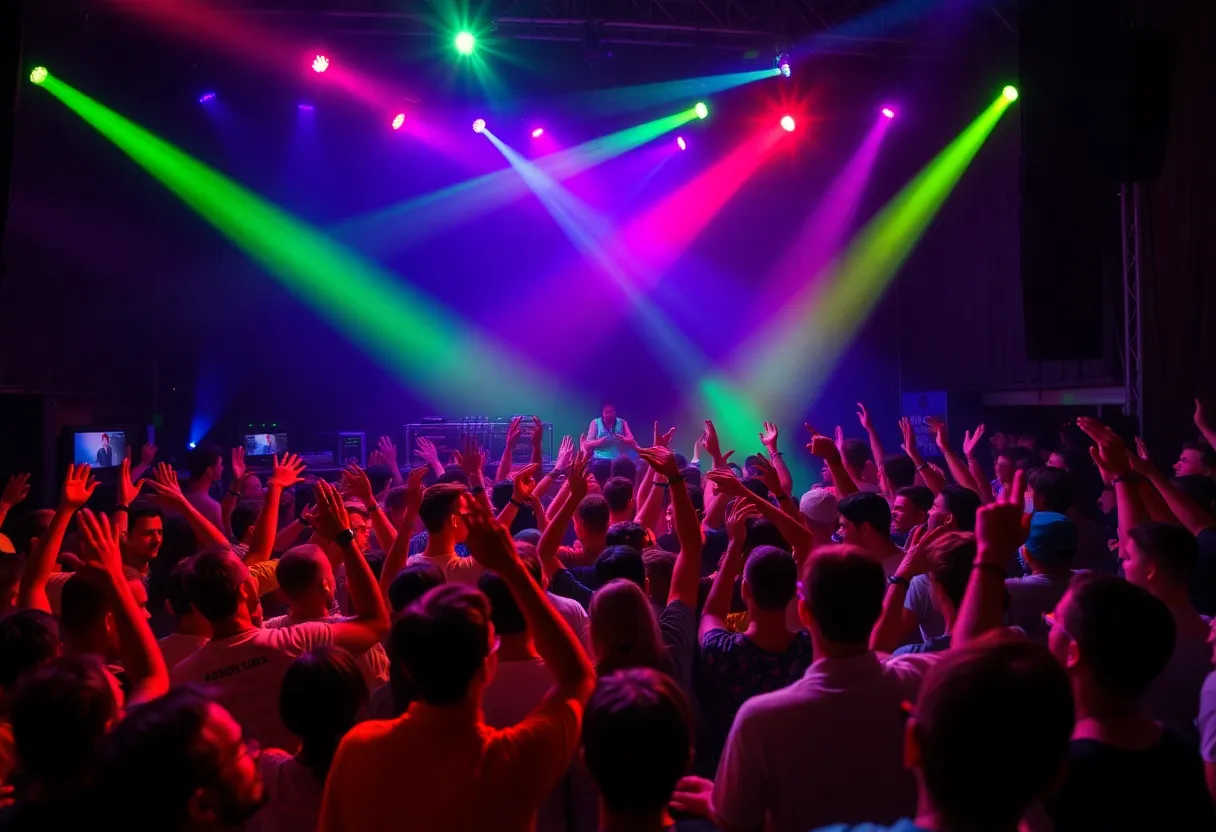 Crowd enjoying Odd Mob concert with colorful lights