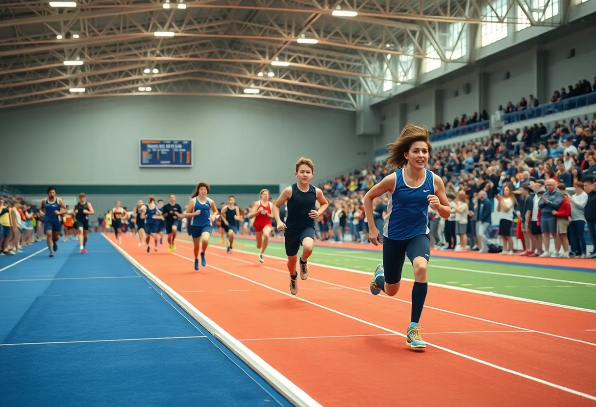 Athletes competing in an indoor track meet at Oswego High School