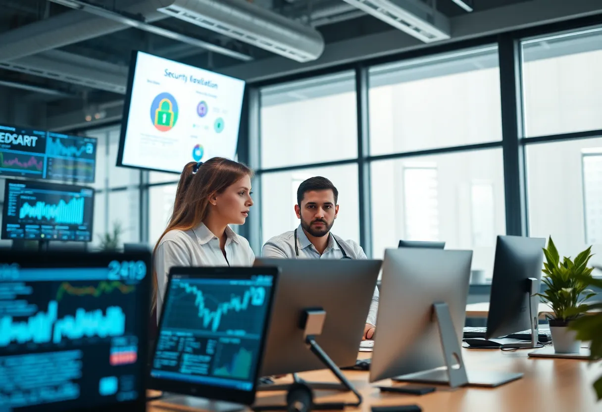 Team of cybersecurity experts collaborating in a modern office space