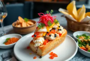 A lobster roll with gourmet caviar and sides at Oyster House in Philadelphia