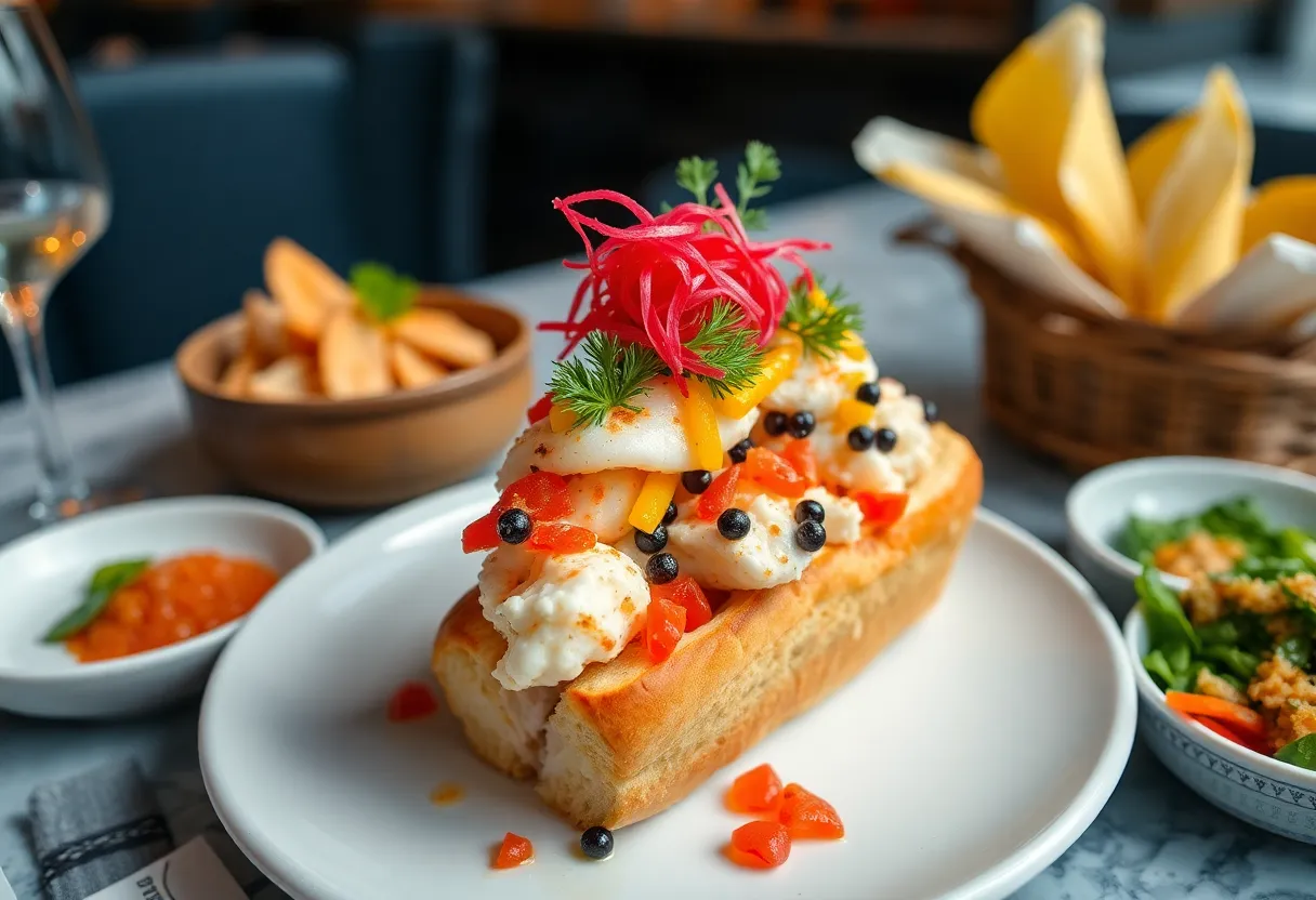 A lobster roll with gourmet caviar and sides at Oyster House in Philadelphia