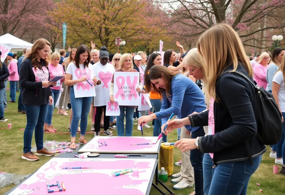 Community members painting in shades of pink for breast cancer research campaigns.