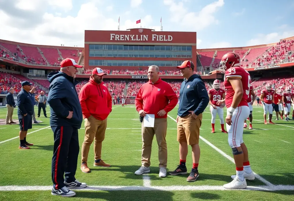 Coaches and players on the football field at the University of Pennsylvania
