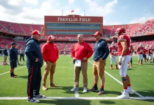 Coaches and players on the football field at the University of Pennsylvania
