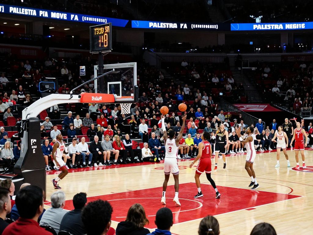 Fans cheering at The Palestra during a basketball game between Penn Quakers and NJIT Highlanders.