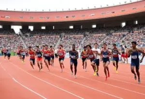 Athletes competing at the Penn Relays track and field event in Philadelphia.
