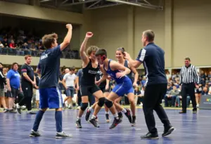 Athletes competing in a collegiate wrestling tournament representing the University of Pennsylvania.