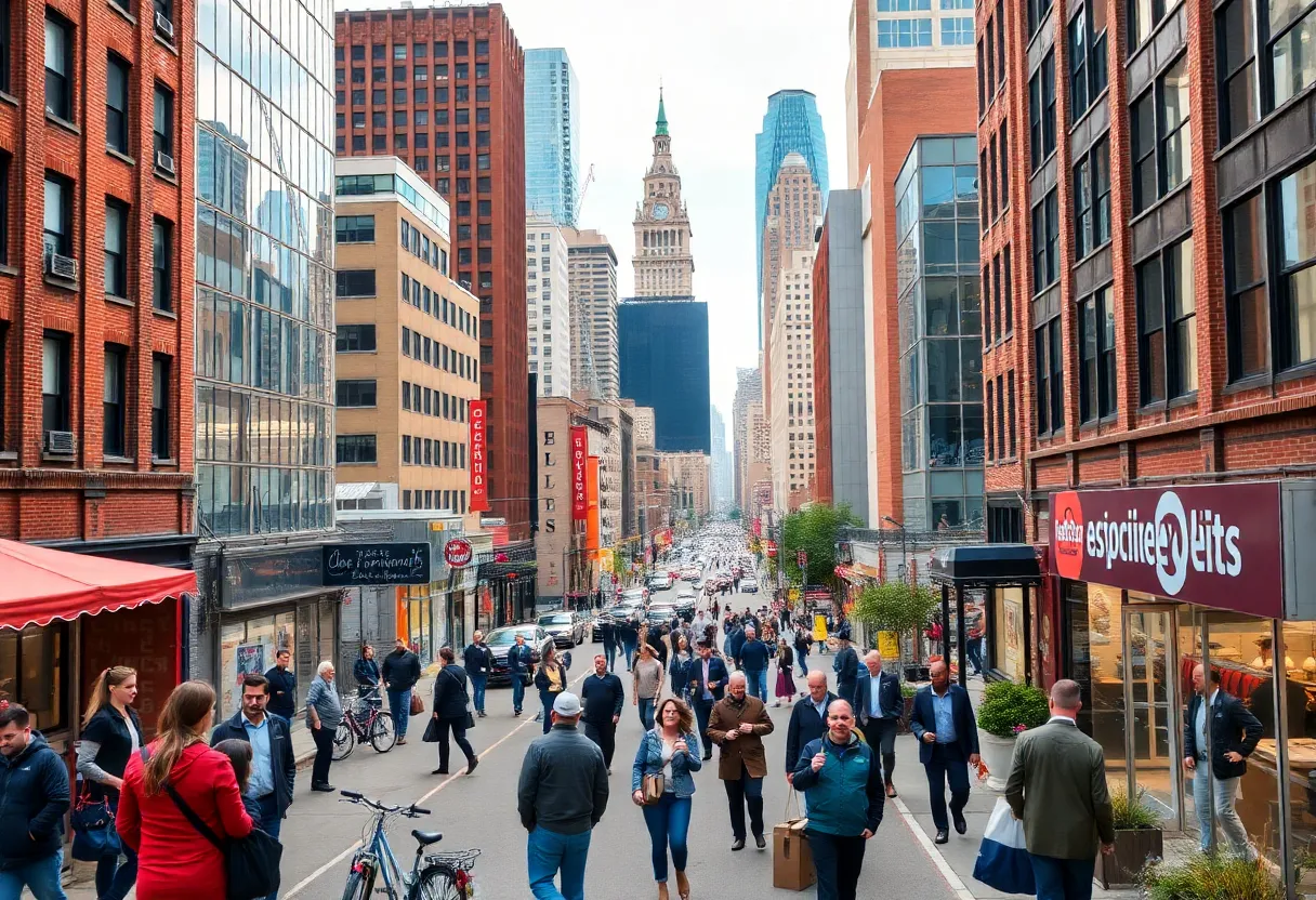 A bustling urban scene in Philadelphia representing local businesses
