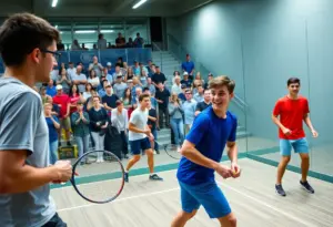 Collegiate squash players competing in a match at the Kline & Specter Squash Center