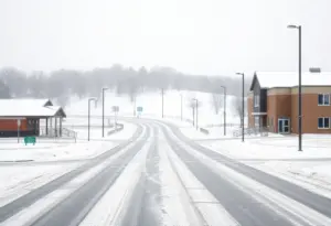 Snow-covered school playground in Pennsylvania during winter storm