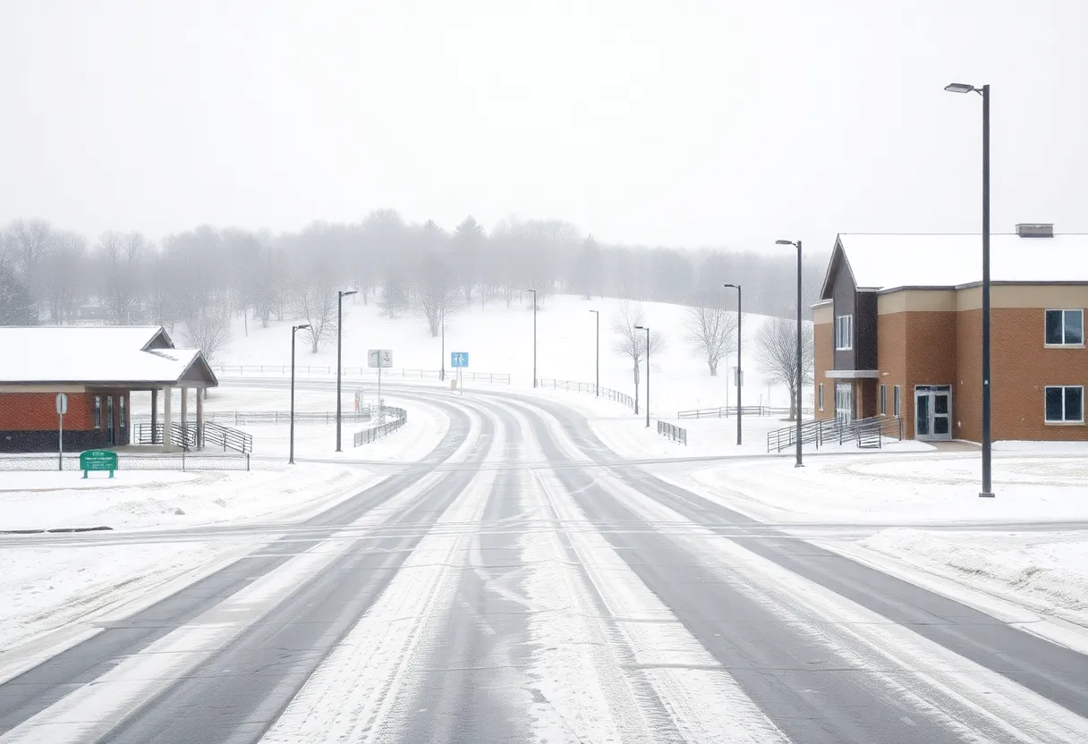 Snow-covered school playground in Pennsylvania during winter storm