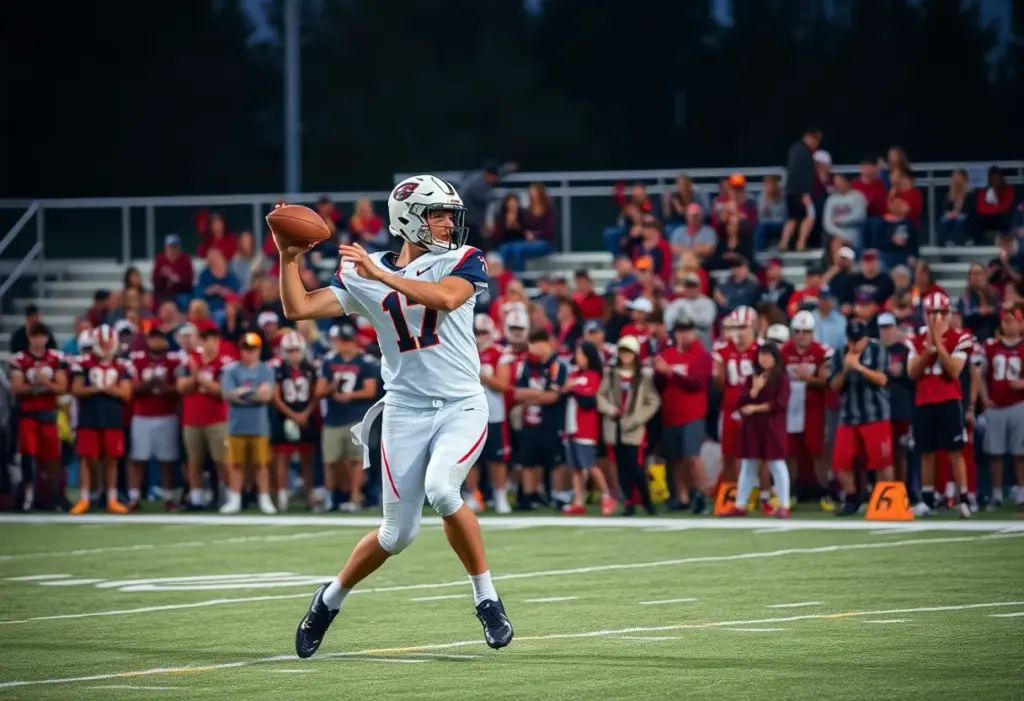 A quarterback throwing a football on a high school field