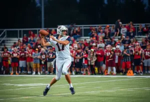 A quarterback throwing a football on a high school field
