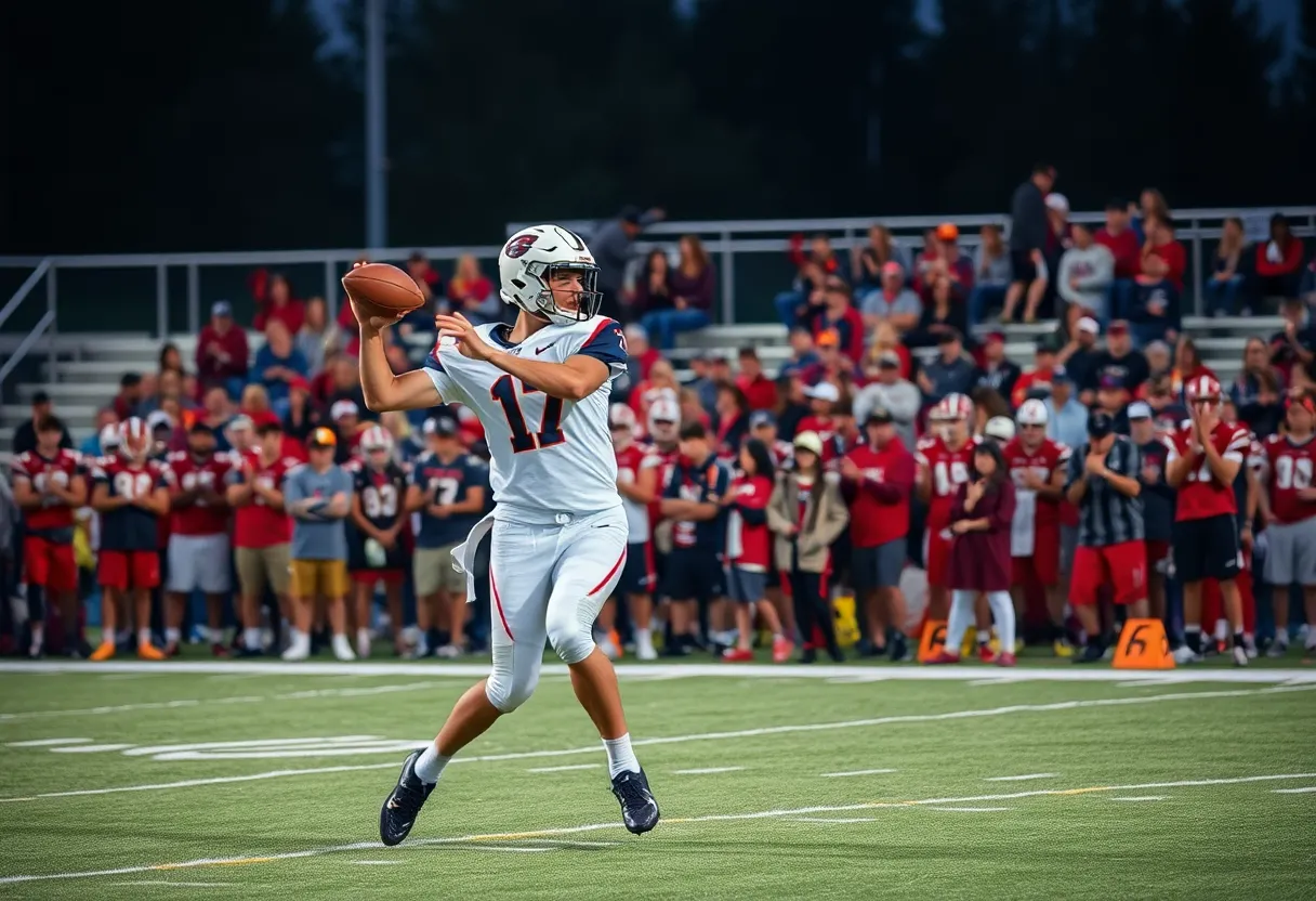 A quarterback throwing a football on a high school field