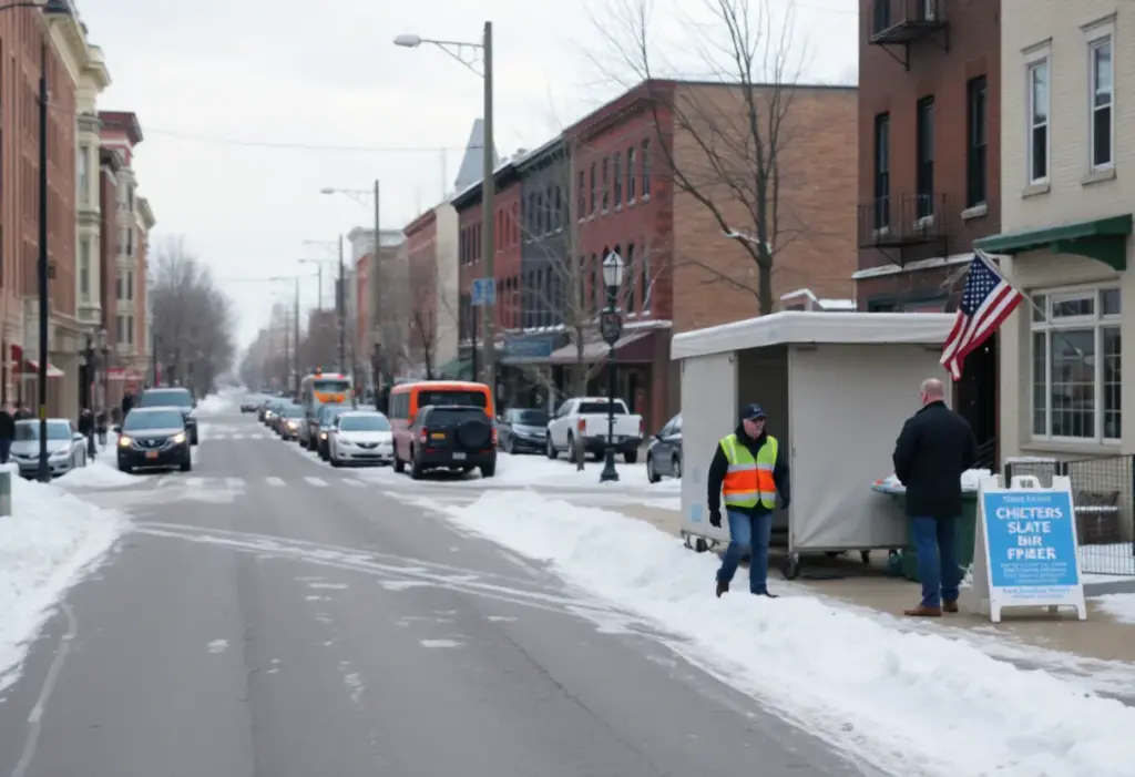 Philadelphia street scene during Code Blue alert with snow and outreach teams.