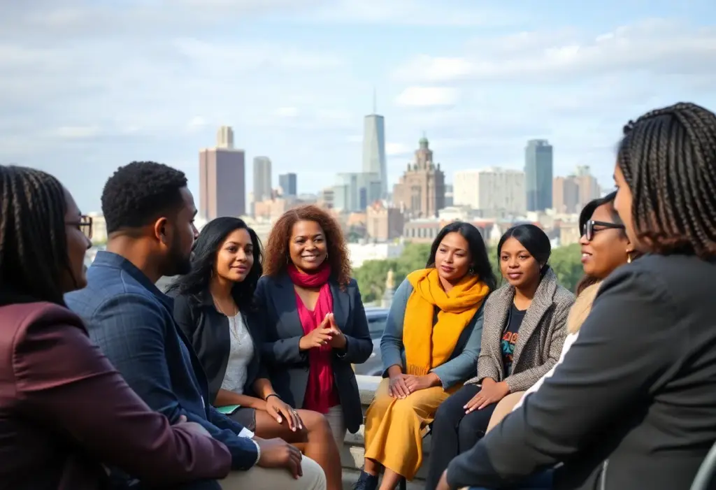 Community members in Philadelphia discussing domestic violence prevention strategies.