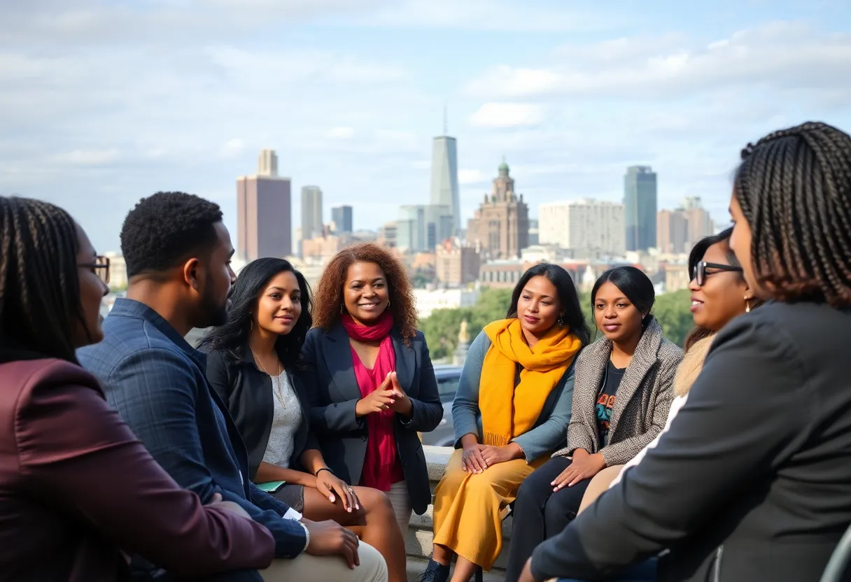 Community members in Philadelphia discussing domestic violence prevention strategies.