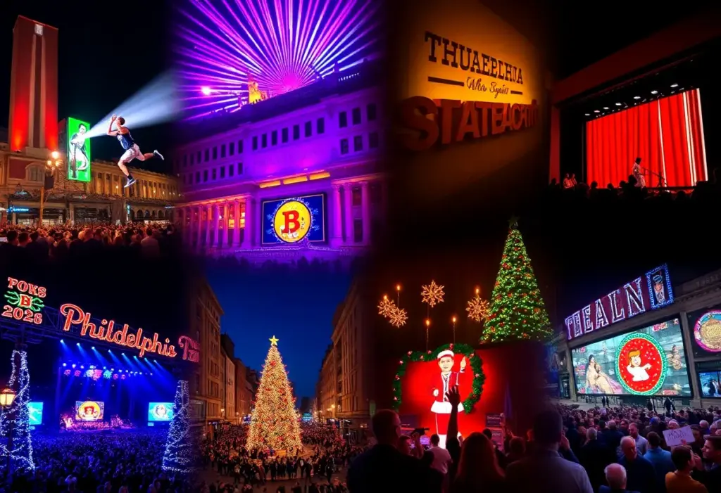 Collage of Philadelphia events showcasing sports, theater, concerts, and holiday celebrations.