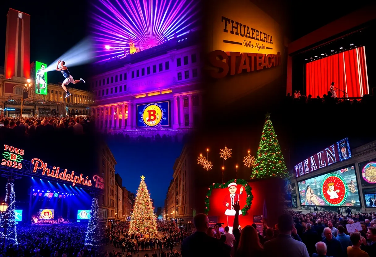 Collage of Philadelphia events showcasing sports, theater, concerts, and holiday celebrations.