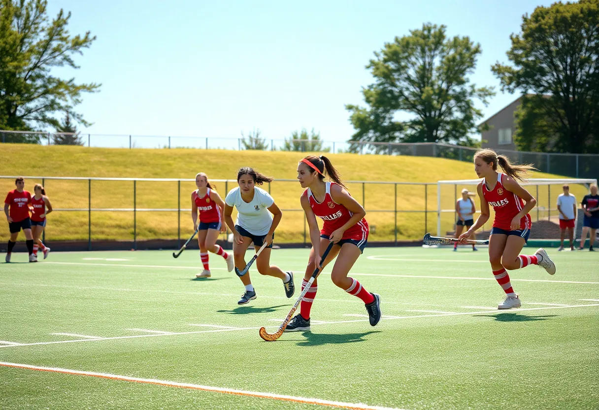 Field hockey players in action on a sunny Philadelphia field