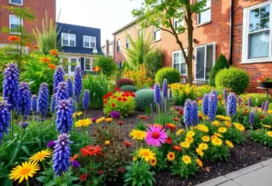 A beautifully landscaped garden in Philadelphia with native plants and outdoor living features.