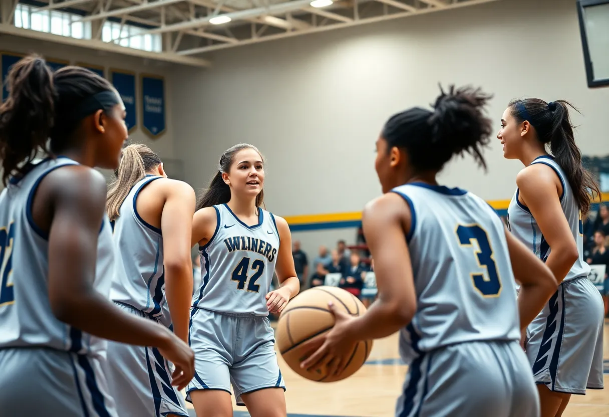 Female high school basketball players in action on the court with fans cheering in the background.