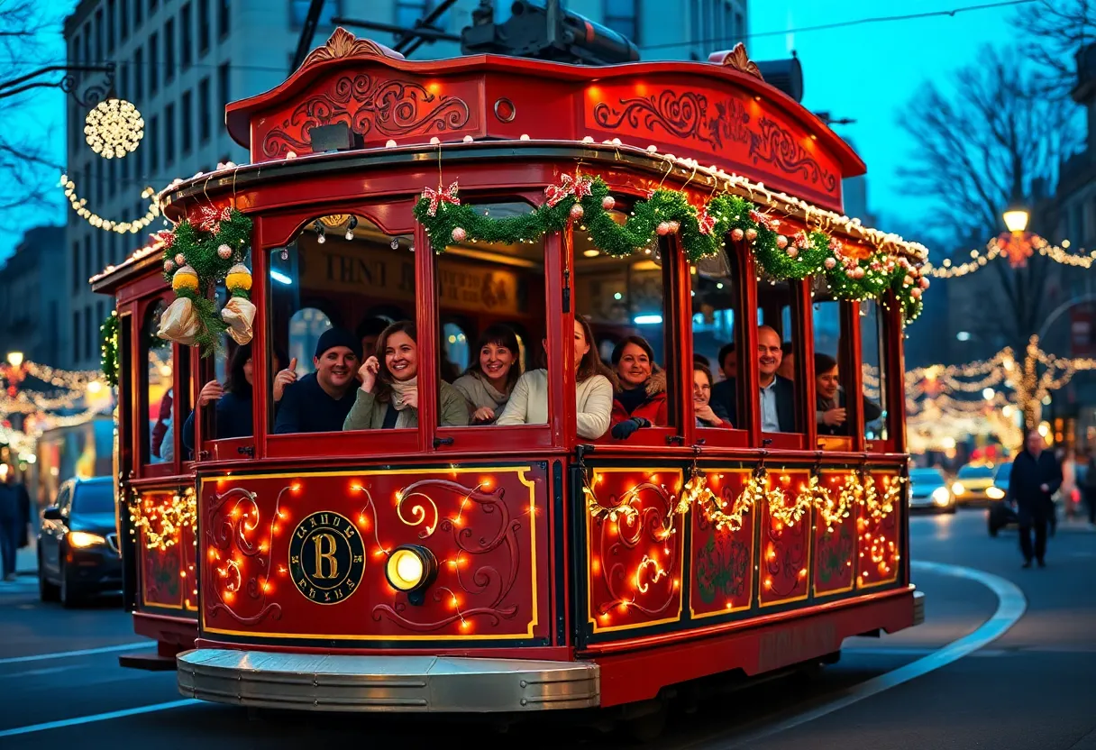 Victorian-style trolley decorated with holiday lights in Philadelphia