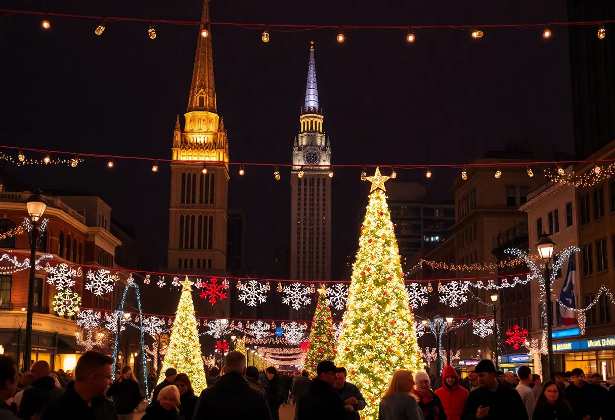 Festive holiday lights illuminating Philadelphia streets