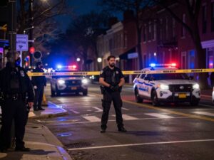 Police lights illuminating a Philadelphia street during a murder investigation