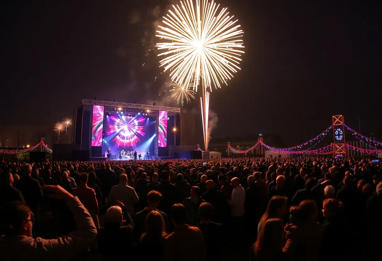 Crowd enjoying the New Year's Eve concert with fireworks at Eakins Oval, Philadelphia.
